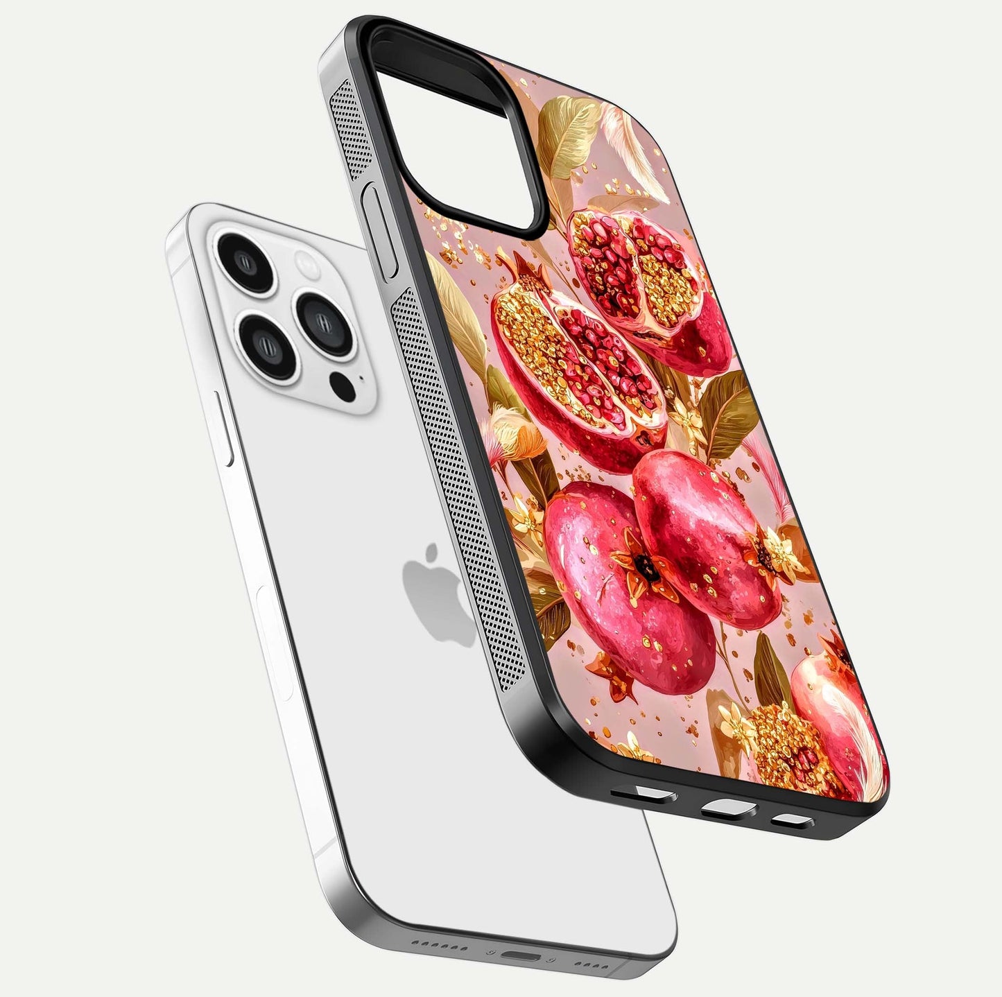 Golden Bloom Glow Glass Case for iPhone 13 Pro Max floating dual-view mockup showing glossy shine and golden shimmer