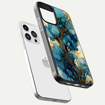 Golden Bloom Symphony Glass Case for iPhone 13 Pro Max floating dual-view mockup displaying shine texture and luxury pattern