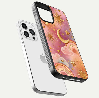 Golden Celestial Dreams Glass Case for iPhone 13 Pro Max floating dual-view mockup showing gloss surface and dream-like glow