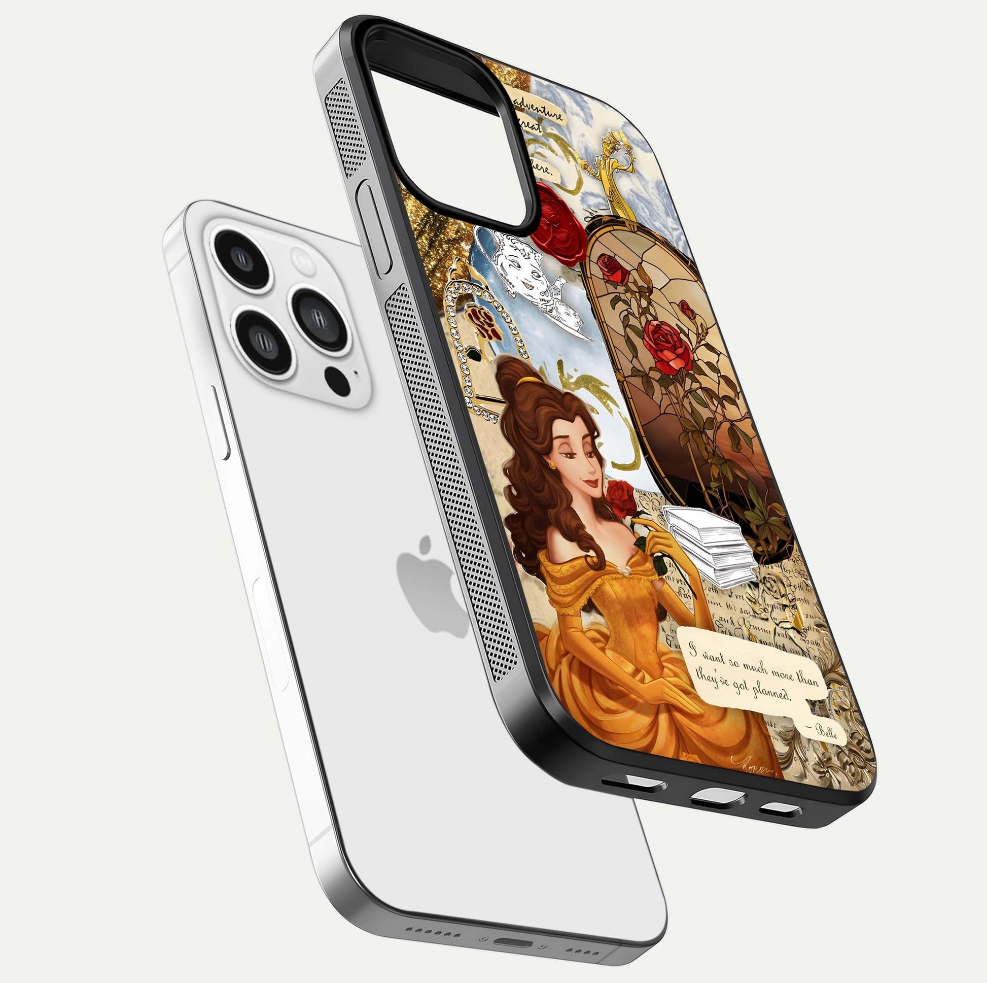 Golden Dream Belle Glass Case for iPhone 13 Pro Max floating dual-view mockup highlighting gloss texture and elegant shimmer