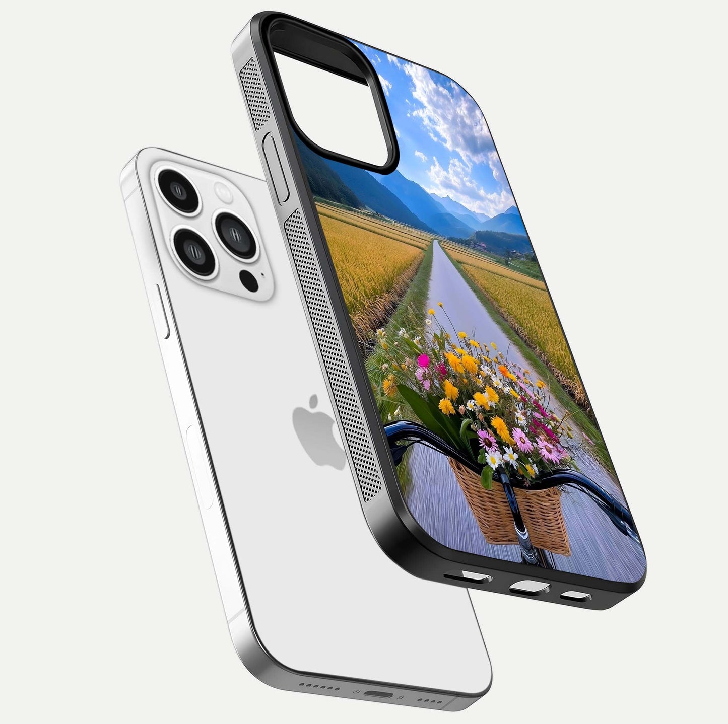 Golden Field Journey Glass Case for iPhone 13 Pro Max floating dual-view mockup showing gloss surface and field depth