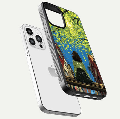 Golden Leaves Glow Glass Case for iPhone 13 Pro Max floating dual-view mockup showing gloss depth and gold-leaf detail