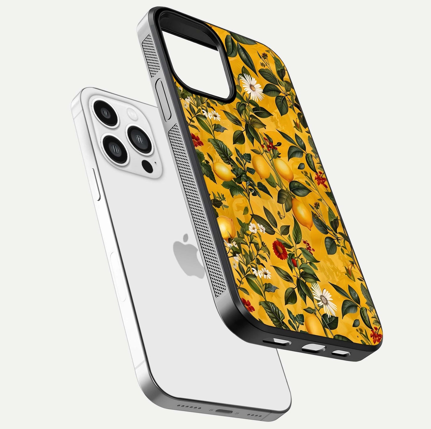 Golden Lemon Field Glass Case for iPhone 13 Pro Max floating dual-view mockup showing gloss shine and yellow-gold palette