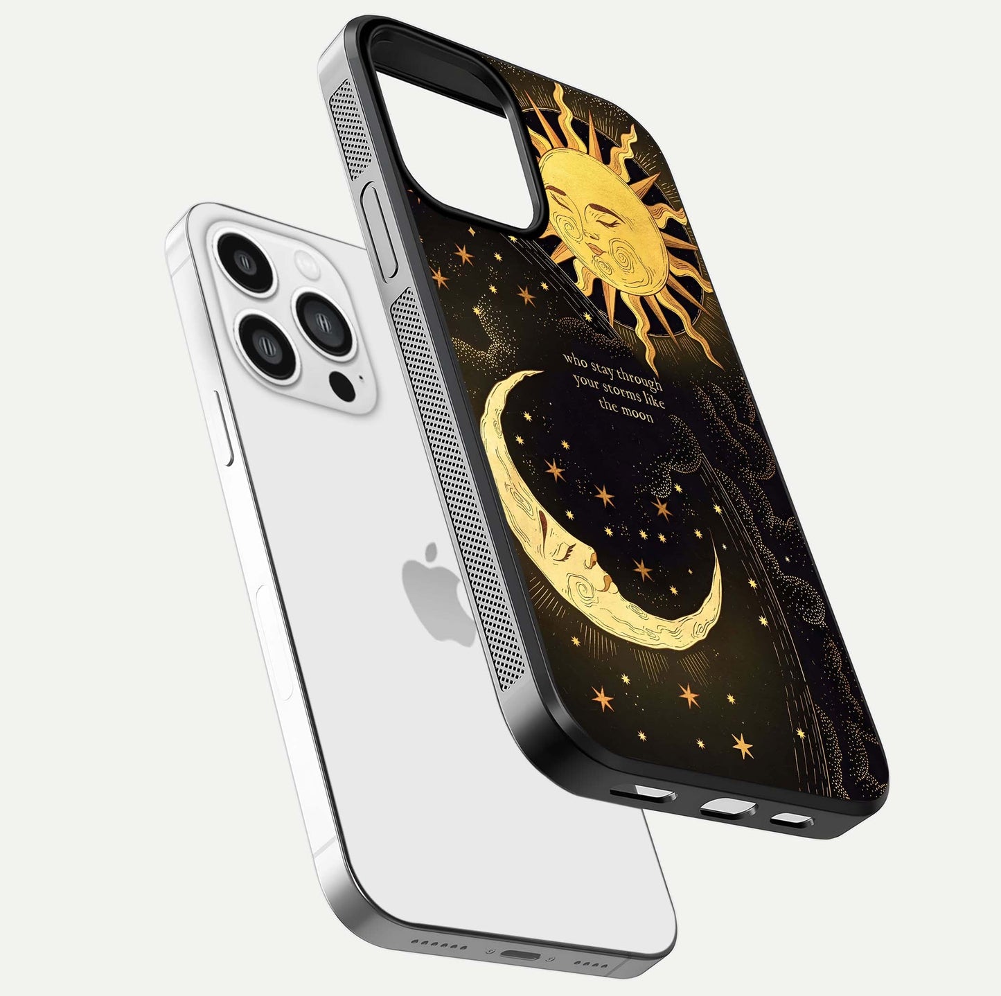 Golden Lunar Love Glass Case for iPhone 13 Pro Max floating dual-view mockup showing glossy glow and romantic theme