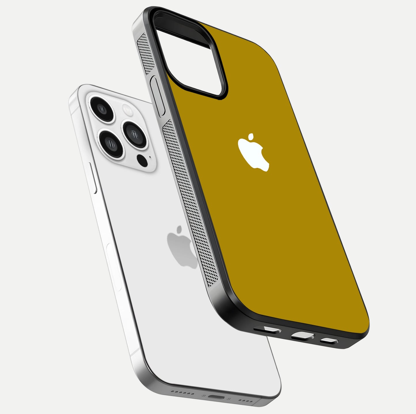 Golden Luxe Aura Glass Case for iPhone 13 Pro Max floating dual-view mockup showing glossy texture and elegant gold gradient