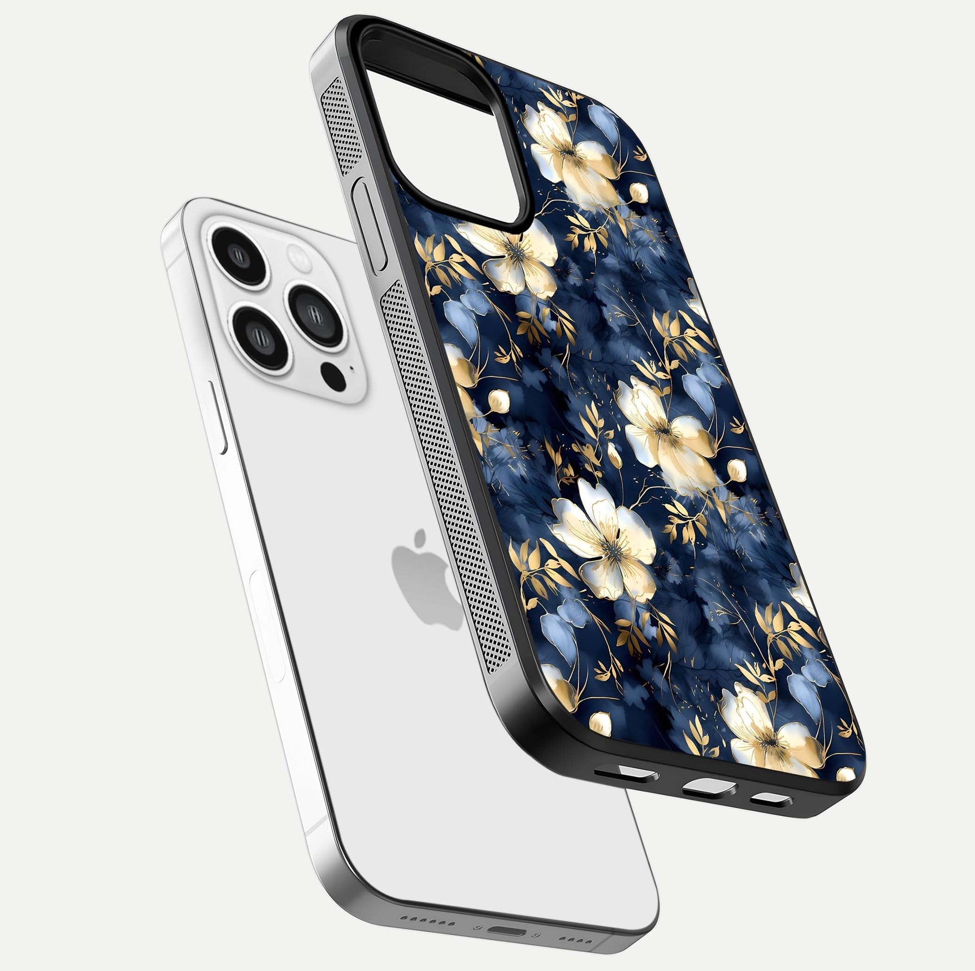 Golden Midnight Bloom Glass Case for iPhone 13 Pro Max floating dual-view mockup showing gloss polish and metallic reflection