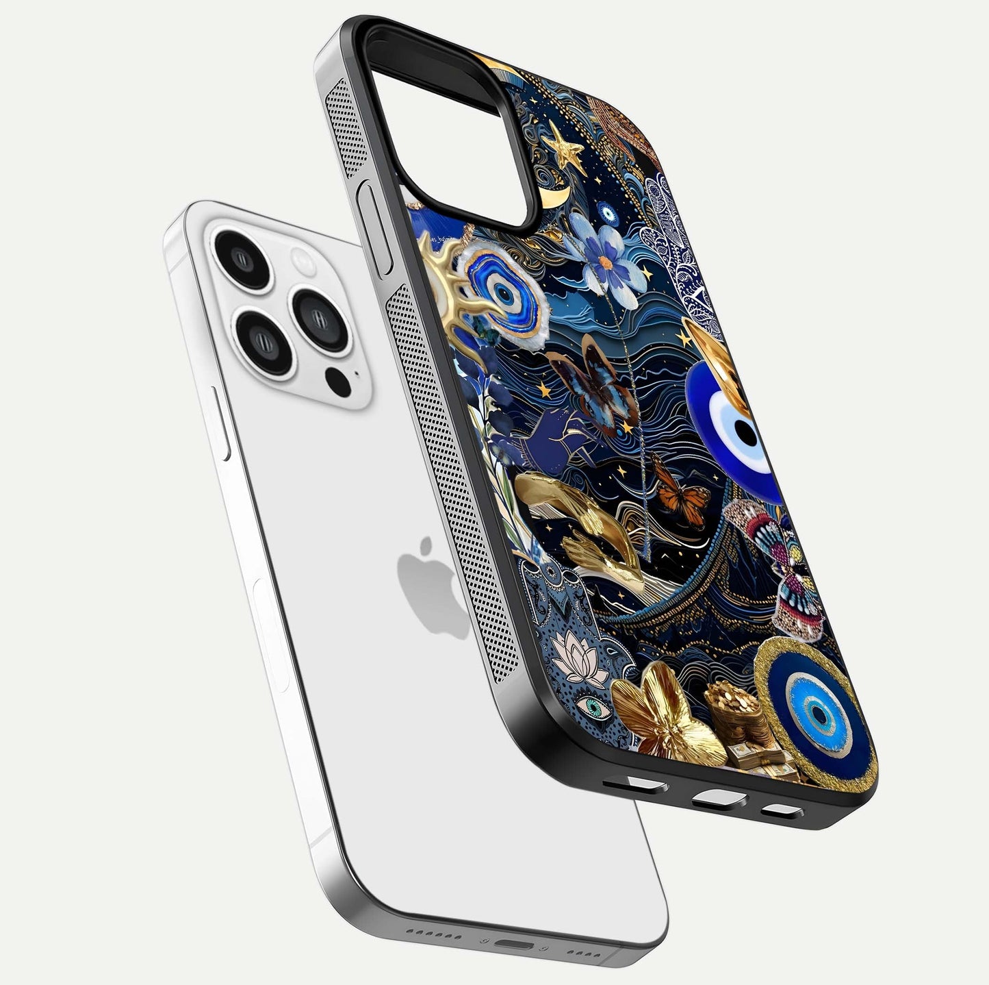 Golden Moon Magic Glass Case for iPhone 13 Pro Max floating dual-view mockup showing gloss texture and golden illumination