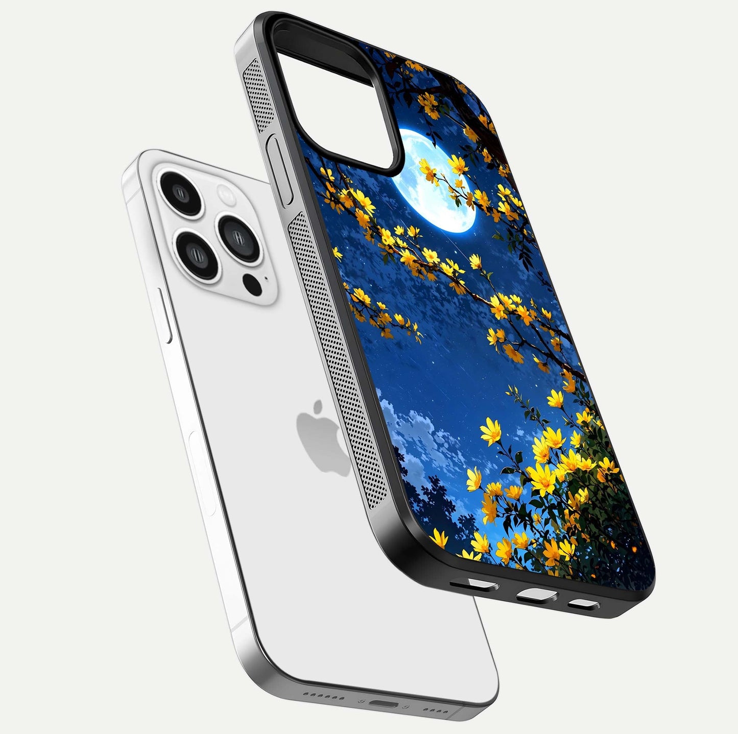 Golden Night Glow Glass Case for iPhone 13 Pro Max floating dual-view mockup showing gloss polish and luxury shine