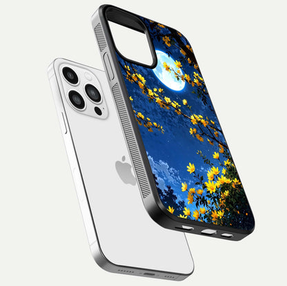 Golden Night Glow Glass Case for iPhone 13 Pro Max floating dual-view mockup showing gloss polish and luxury shine