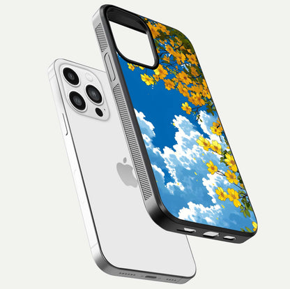 Golden Petal Sky Glass Case for iPhone 13 Pro Max floating dual-view mockup showing gloss brilliance and gold detail