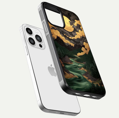 Golden River Moon Glass Case for iPhone 13 Pro Max floating dual-view mockup showing gloss surface and luxury tone