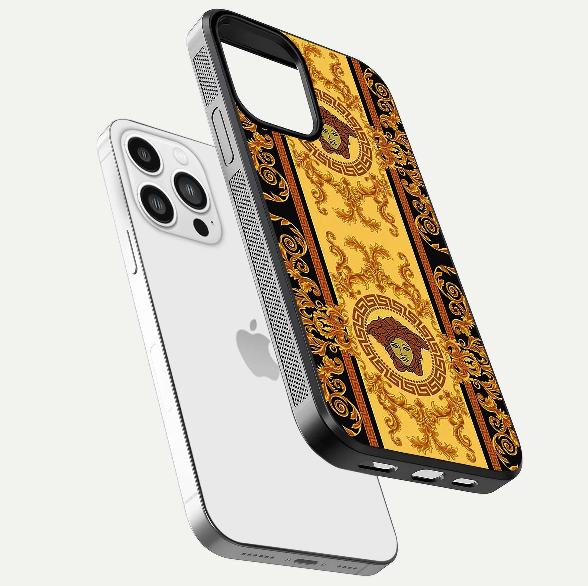 Golden Royal Heritage Glass Case for iPhone 13 Pro Max floating dual-view mockup showing glossy surface and rich regal tone