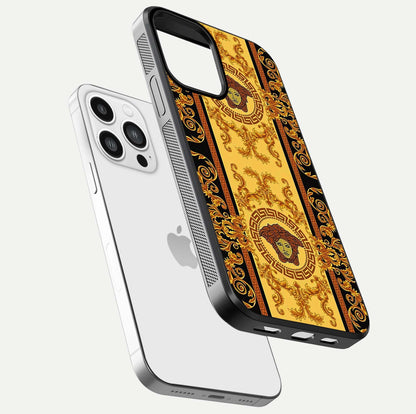Golden Royal Heritage Glass Case for iPhone 13 Pro Max floating dual-view mockup showing glossy surface and rich regal tone