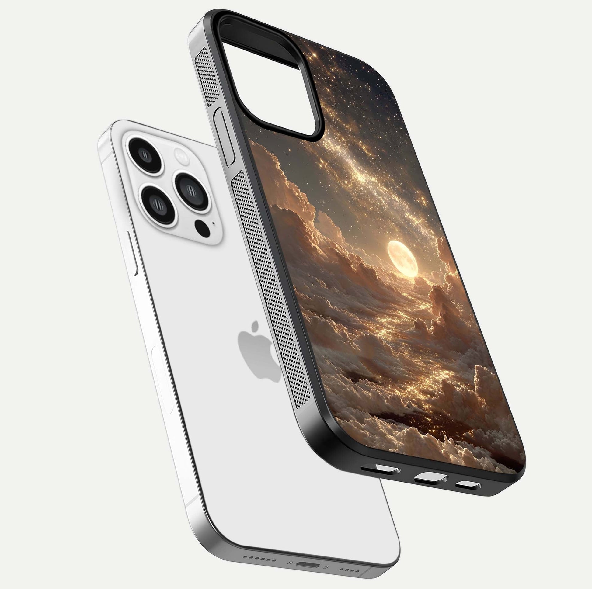 Golden Sky Dream Glass Case for iPhone 13 Pro Max floating dual-view mockup showing gloss depth and elegant finish