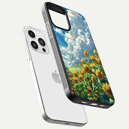 Golden Sun Glory Glass Case for iPhone 13 Pro Max floating dual-view mockup showing gloss shine and premium surface