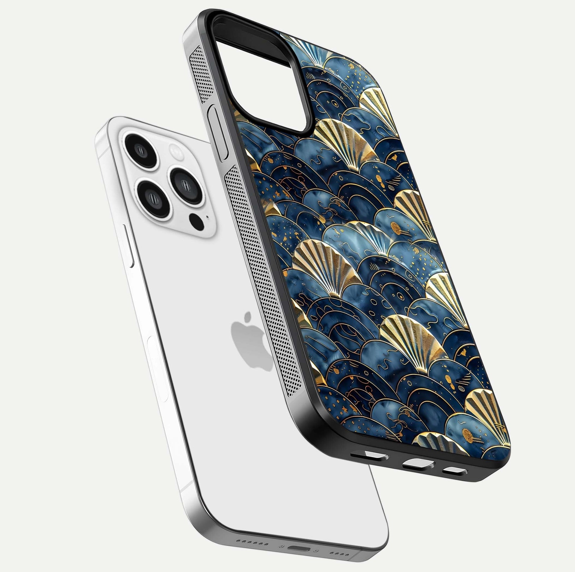 Golden Wave Luxe Glass Case for iPhone 13 Pro Max floating dual-view mockup showing gloss surface and shimmering tones