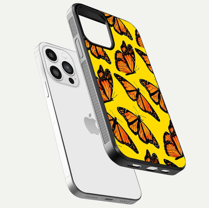 Golden Wing Flight Glass Case for iPhone 13 Pro Max floating dual-view mockup showing gloss reflection and luxury tone