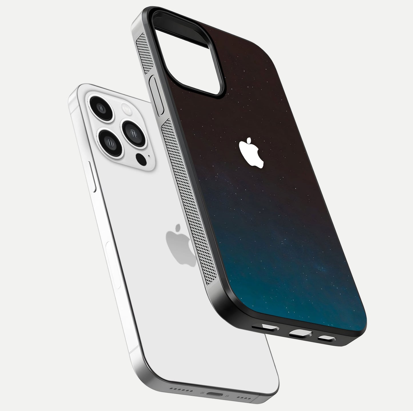 Green Emerald Apple Logo Glass Case for iPhone 13 Pro Max floating dual-view mockup showing glossy shine and premium color tone