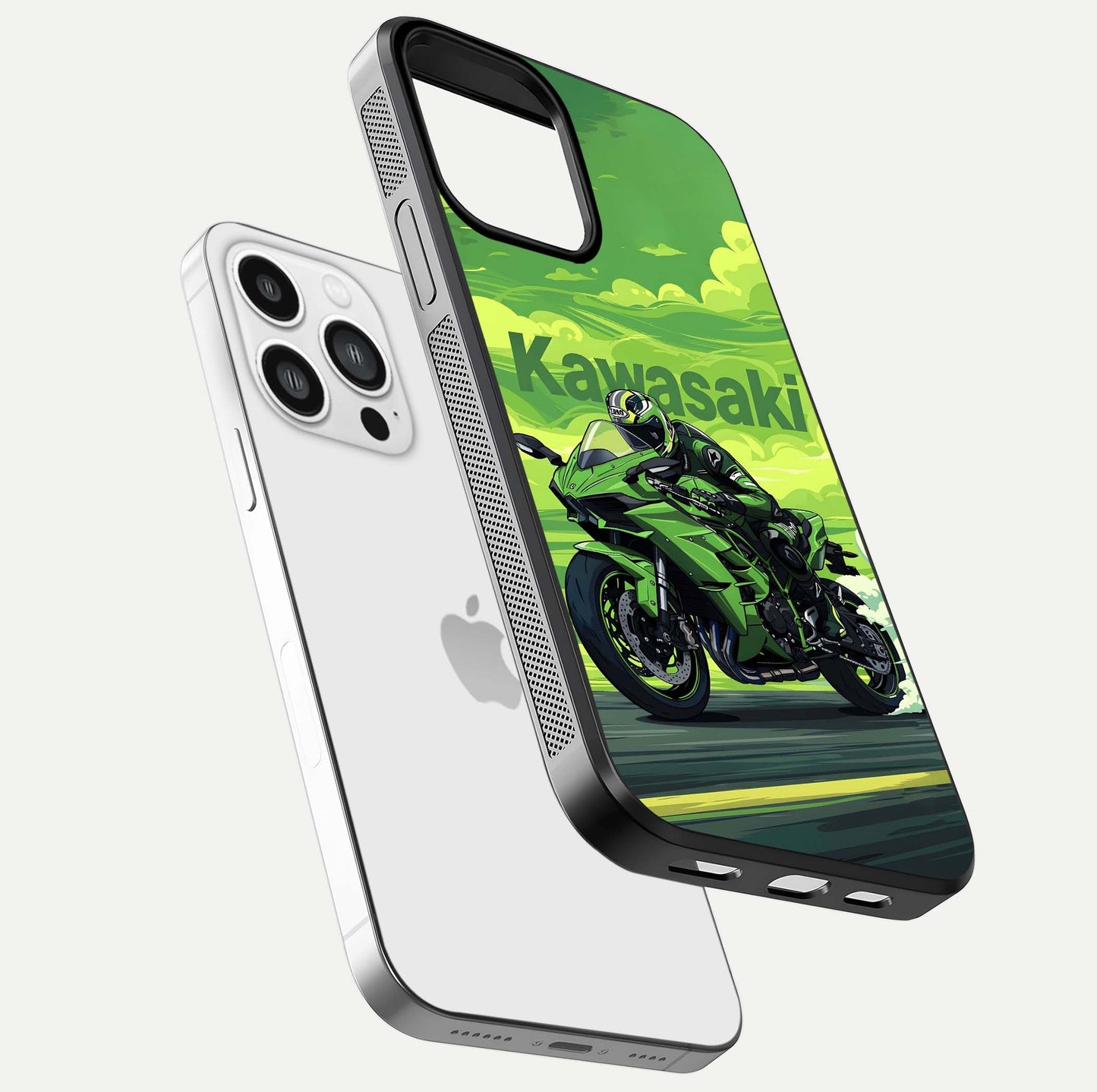 Green Kawasaki Glass Case for iPhone 13 Pro Max floating dual-view mockup showing gloss surface and power-bike theme