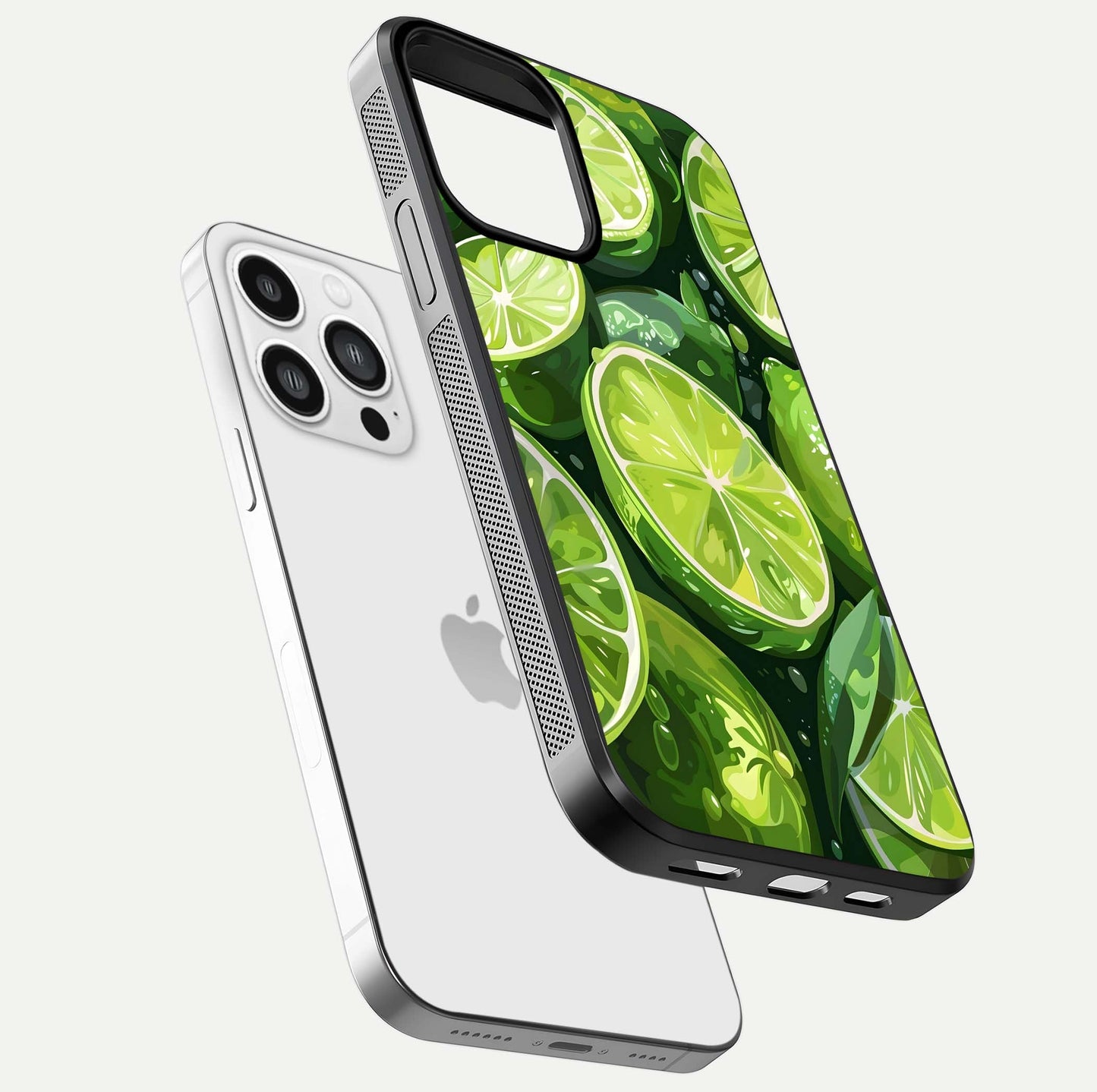 Green Lemon Glass Case for iPhone 13 Pro Max floating dual-view mockup showing glossy surface and fruity freshness