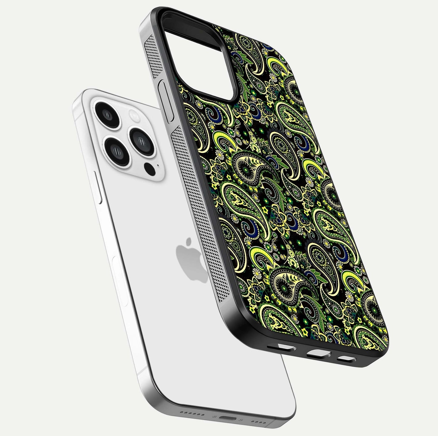 Green Mandala Pattern Glass Case for iPhone 13 Pro Max floating dual-view mockup showing gloss texture and symmetry shine