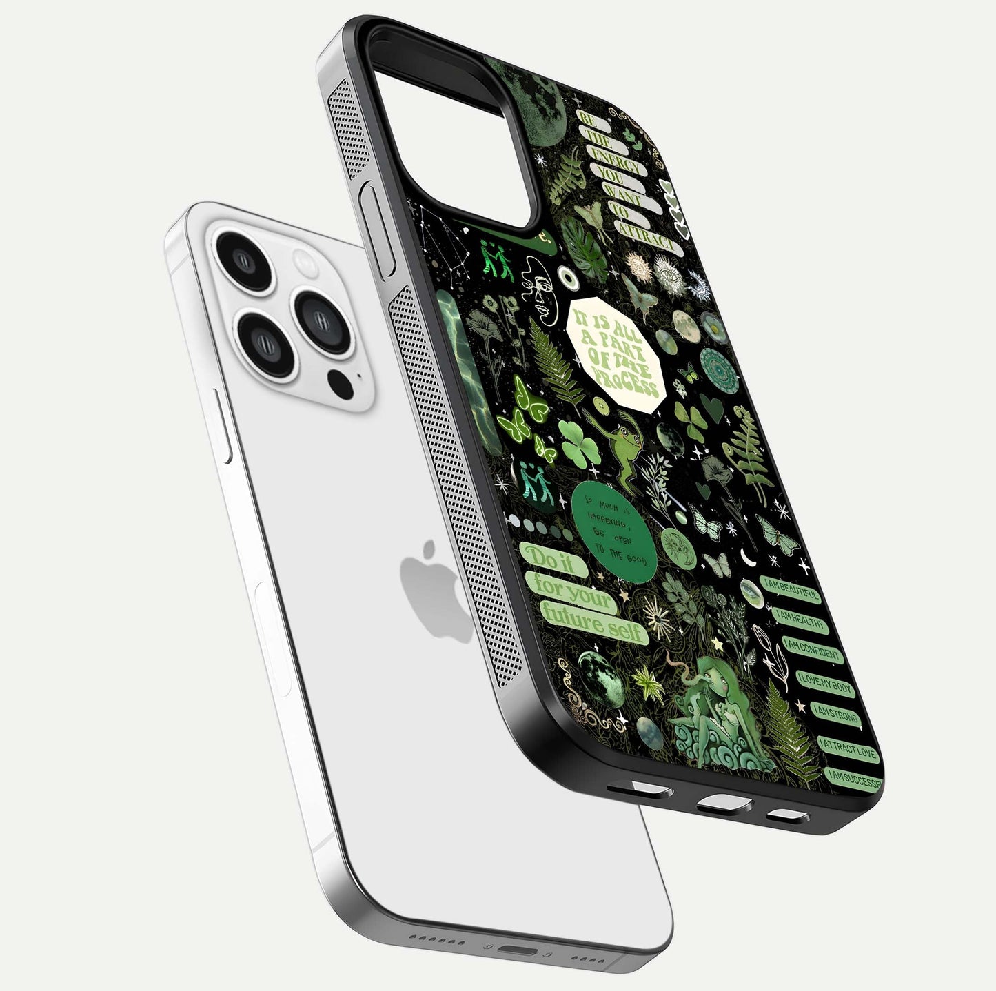 Green Moon Energy Glass Case for iPhone 13 Pro Max floating dual-view mockup showing glossy texture and energy aura