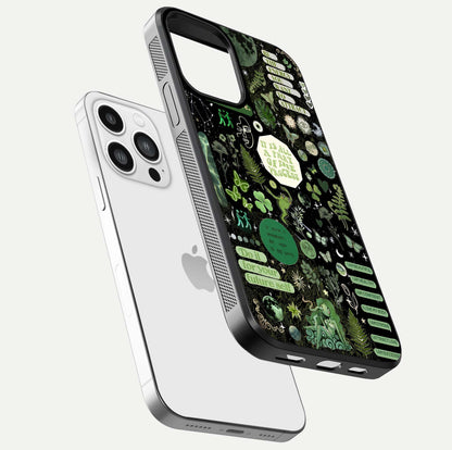Green Moon Energy Glass Case for iPhone 13 Pro Max floating dual-view mockup showing glossy texture and energy aura