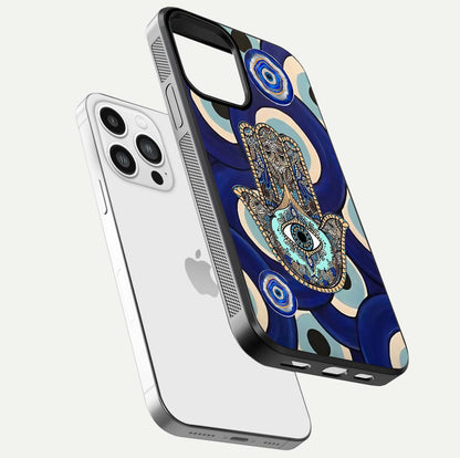 Hamsa Divine Guard Glass Case for iPhone 13 Pro Max floating dual-view mockup showing gloss shine and mystical pattern