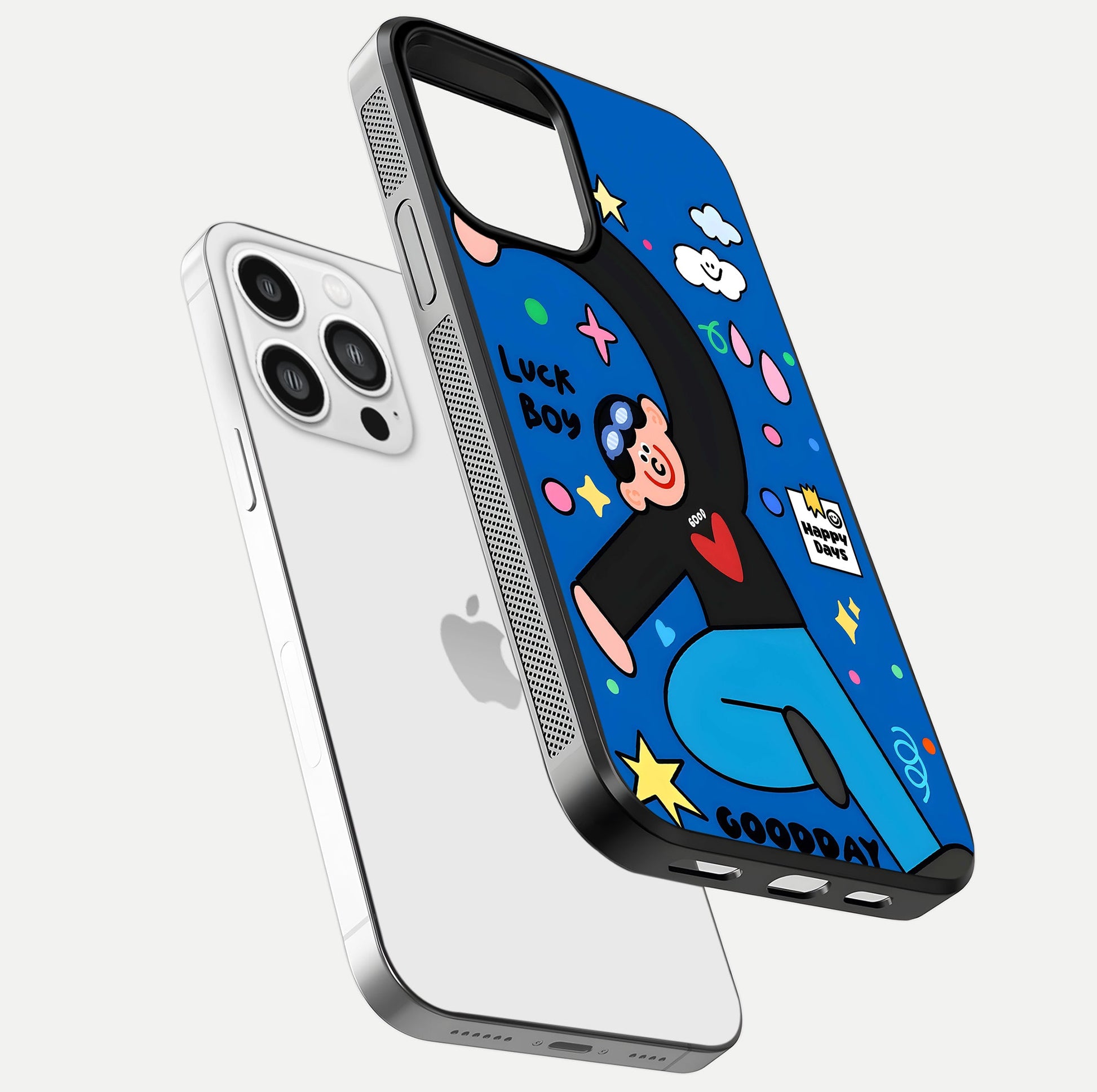 Happy Luck Vibe Glass Case for iPhone 13 Pro Max floating dual-view mockup showing glossy tone and bright finish
