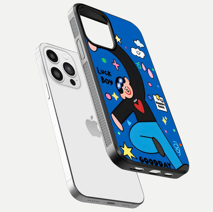 Happy Luck Vibe Glass Case for iPhone 13 Pro Max floating dual-view mockup showing glossy tone and bright finish