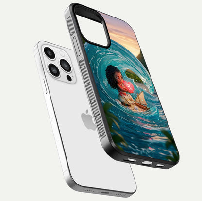 Heart of Ocean Glass Case for iPhone 13 Pro Max floating dual-view mockup showing gloss surface and aquatic design
