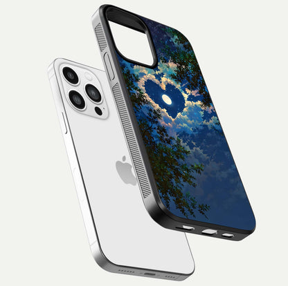 Heart with Moon Sky Glass Case for iPhone 13 Pro Max floating dual-view mockup showing gloss texture and romantic sky glow