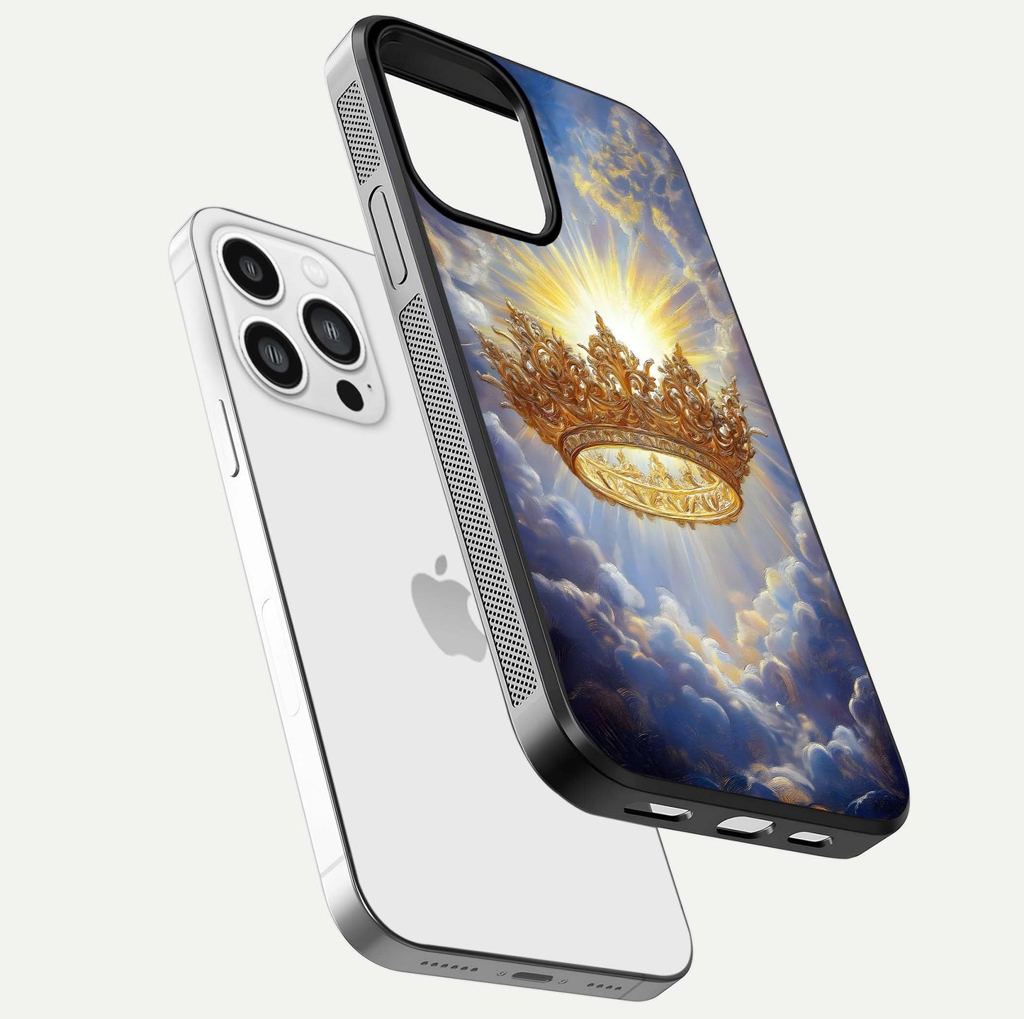 Heavenly Crown Light Glass Case for iPhone 13 Pro Max floating dual-view mockup showing gloss shine and luminous crown texture