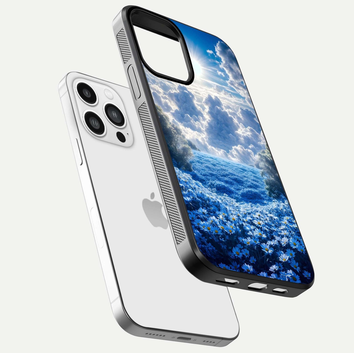 Heavenly Daisy Horizon Glass Case for iPhone 13 Pro Max floating dual-view mockup showing gloss polish and soft pastel background