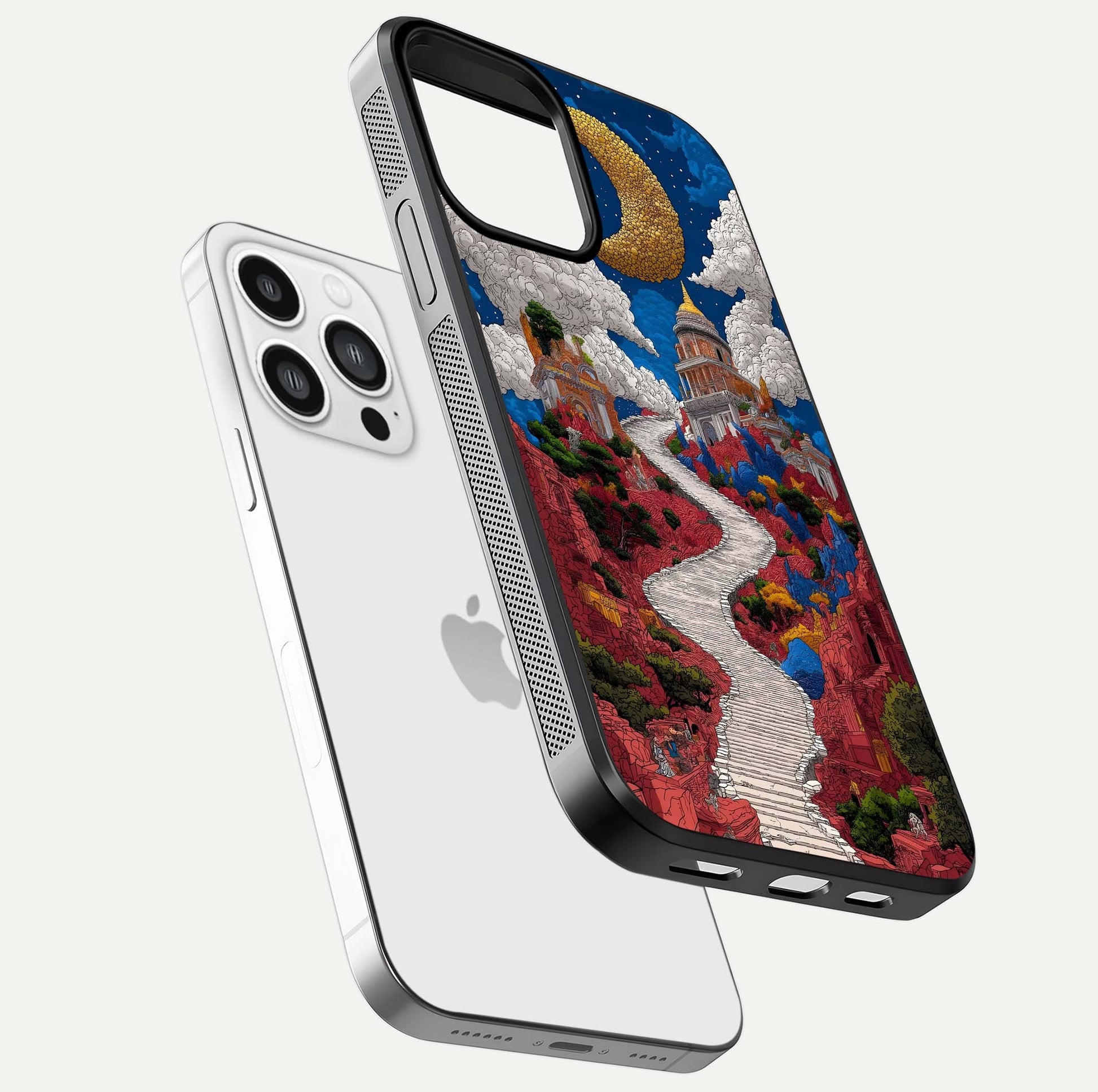Heavenly Moon Path Glass Case for iPhone 13 Pro Max floating dual-view mockup showing gloss surface and celestial pathway