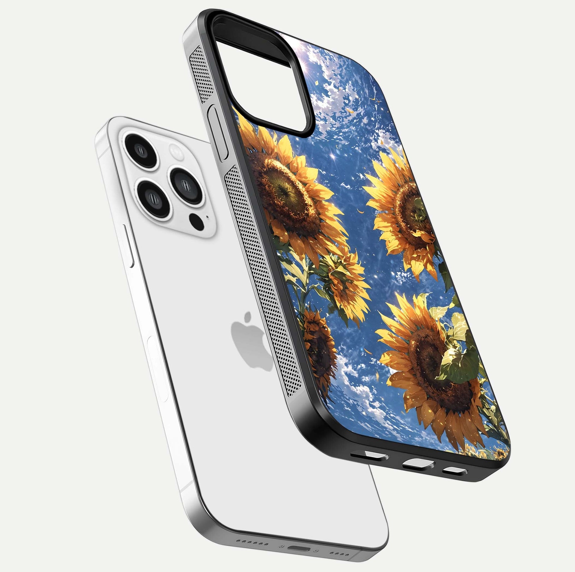 Heavenly Sunflower Rise Glass Case for iPhone 13 Pro Max floating dual-view mockup showing gloss brightness and morning-light feel