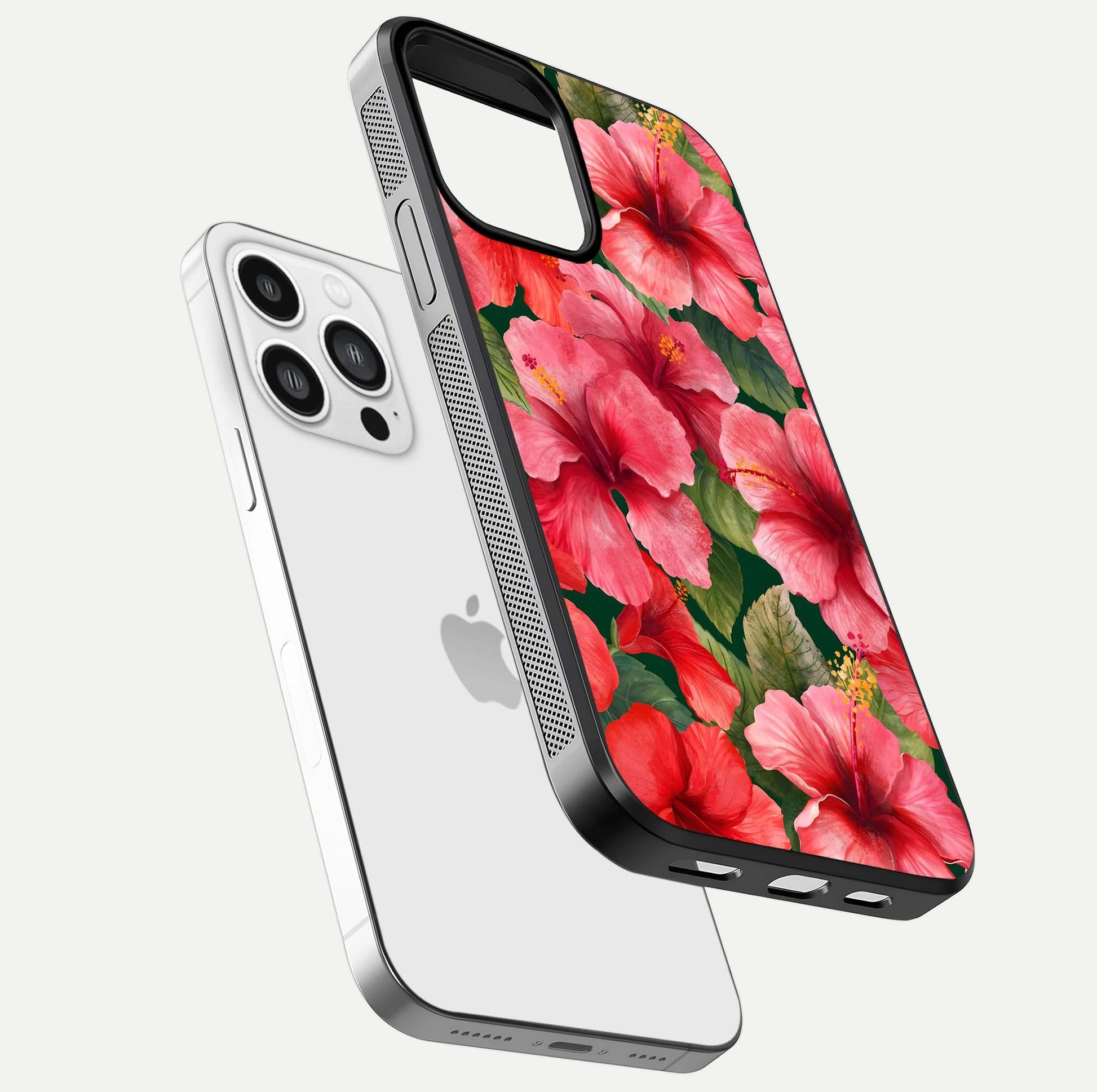 Hibiscus Pattern Glass Case for iPhone 13 Pro Max floating dual-view mockup showing glossy texture and vivid color depth