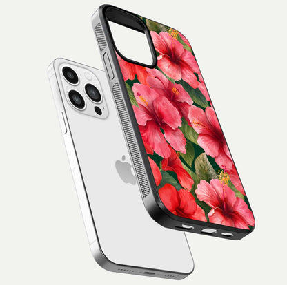 Hibiscus Pattern Glass Case for iPhone 13 Pro Max floating dual-view mockup showing glossy texture and vivid color depth