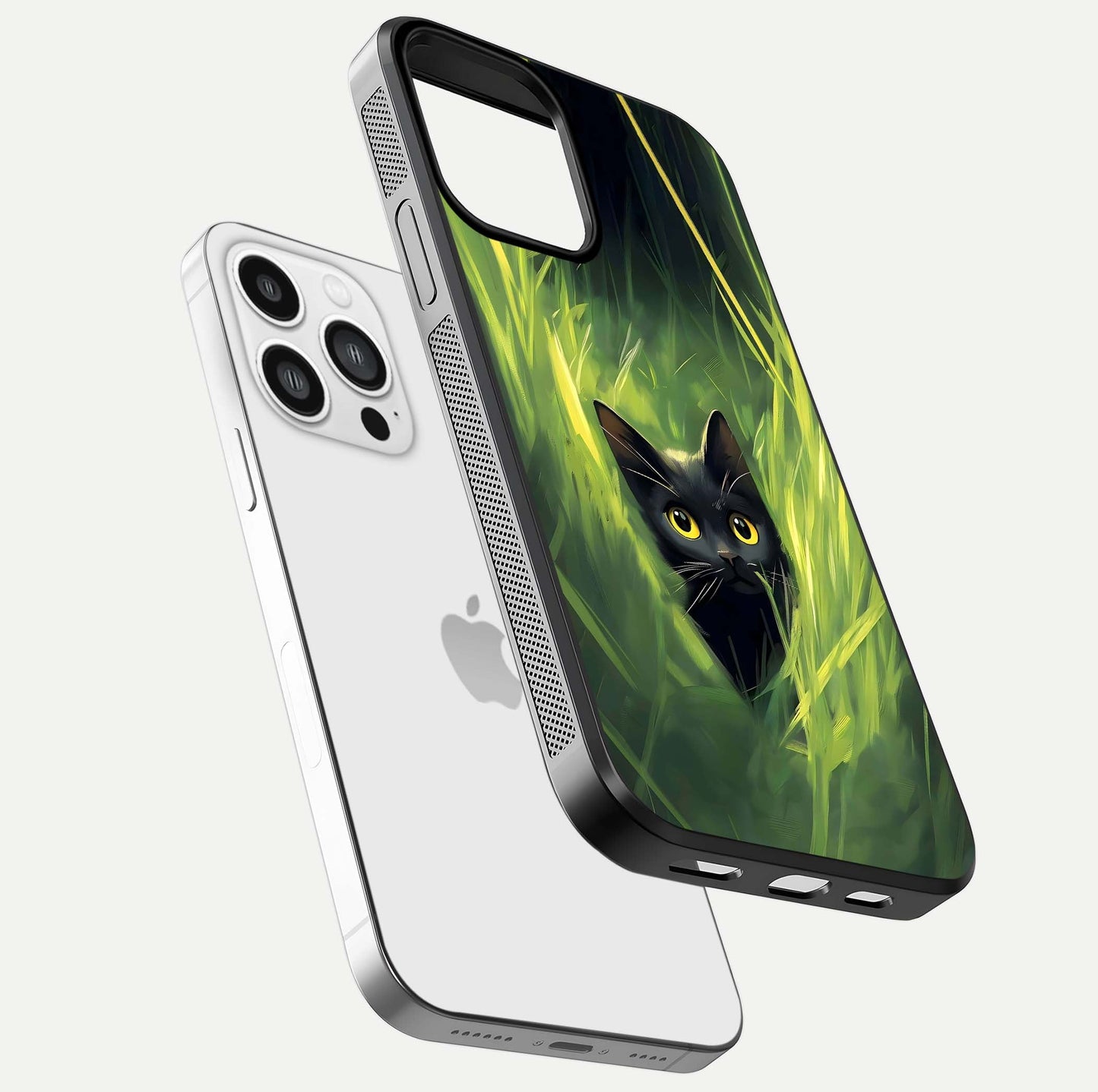 Hidden Cat Whisper Glass Case for iPhone 13 Pro Max floating dual-view mockup showing glossy tone and elegant cat silhouette