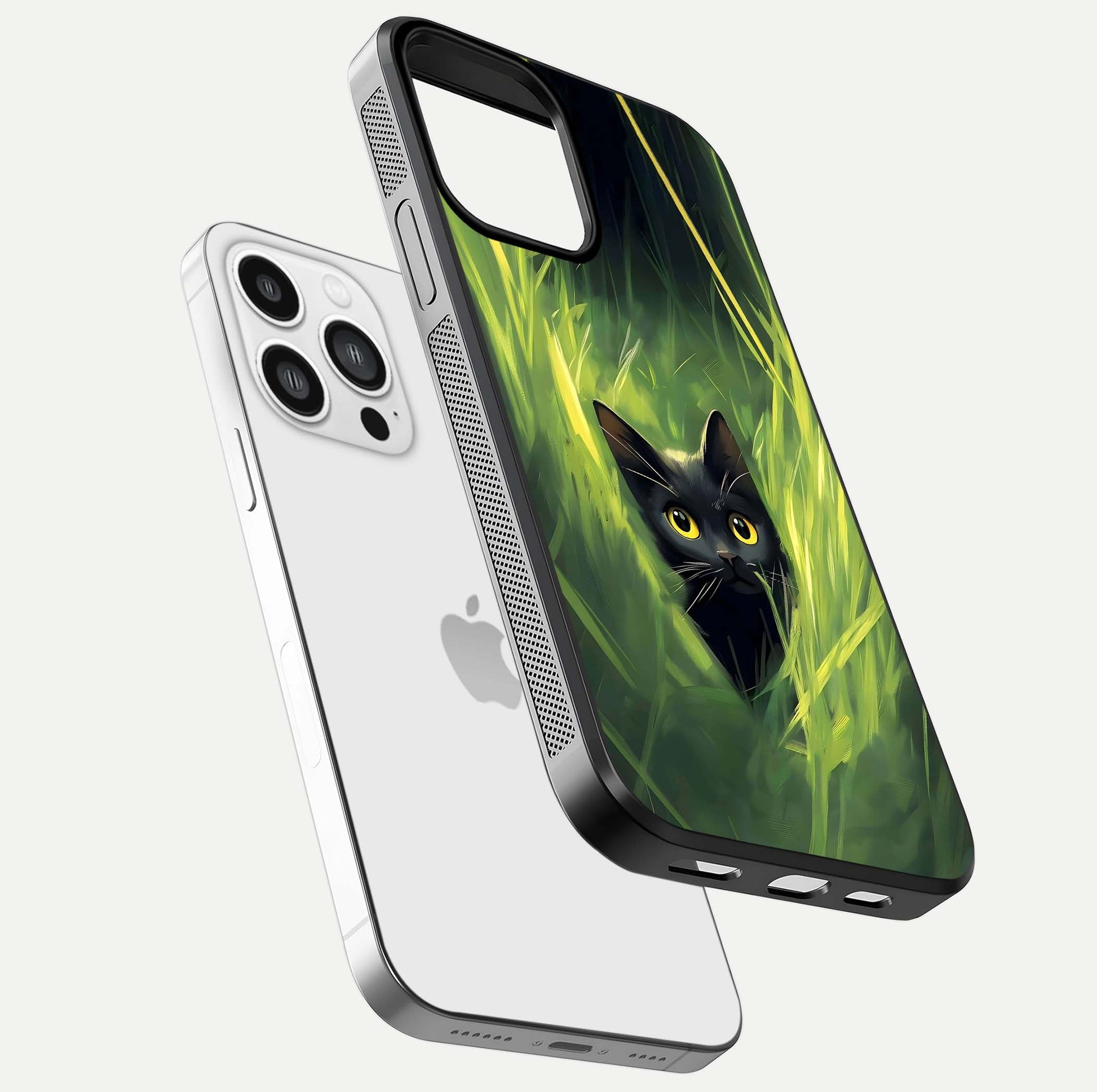 Hidden Cat Whisper Glass Case for iPhone 13 Pro Max floating dual-view mockup showing glossy tone and elegant cat silhouette
