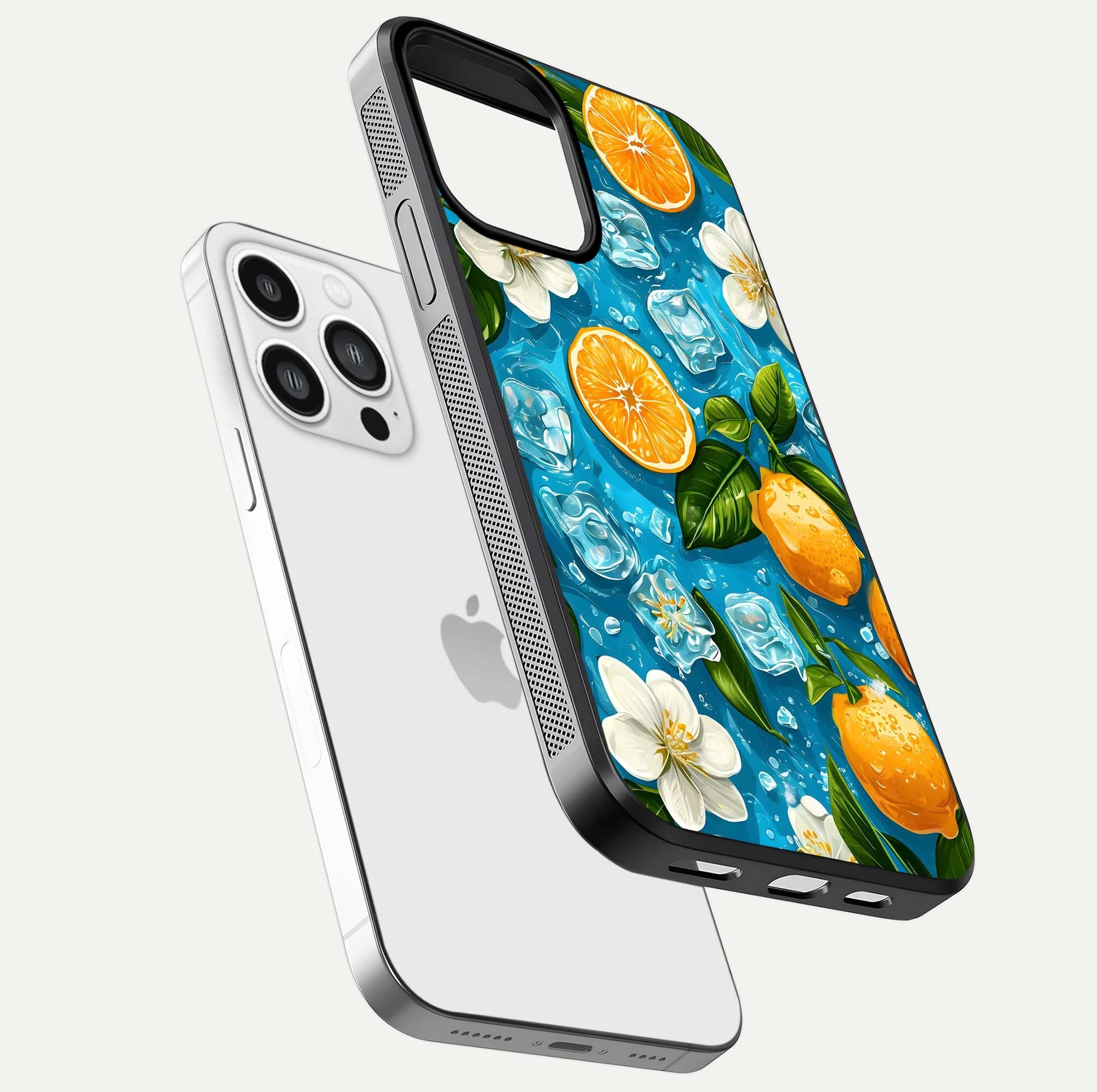 Ice Cube With Orange Glass Case for iPhone 13 Pro Max floating dual-view mockup showing glossy shine and cool refreshing tone