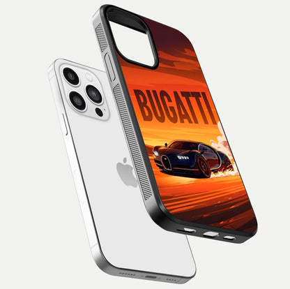 Inferno Bugatti Storm Glass Case for iPhone 13 Pro Max floating dual-view mockup showing gloss surface and racing energy
