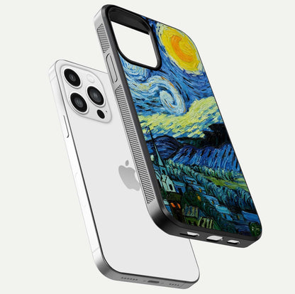 Inspired Van Gogh Art Glass Case for iPhone 13 Pro Max floating dual-view mockup showing gloss depth and artistic reflection
