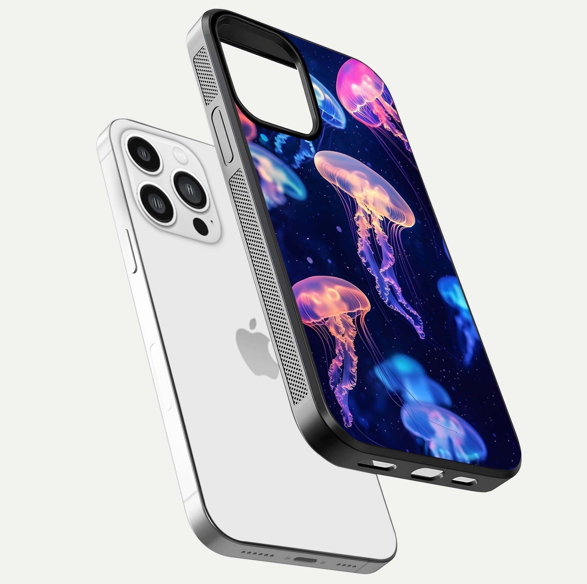 Jellyfish Pattern Glass Case for iPhone 13 Pro Max floating dual-view mockup showing gloss texture and oceanic depth