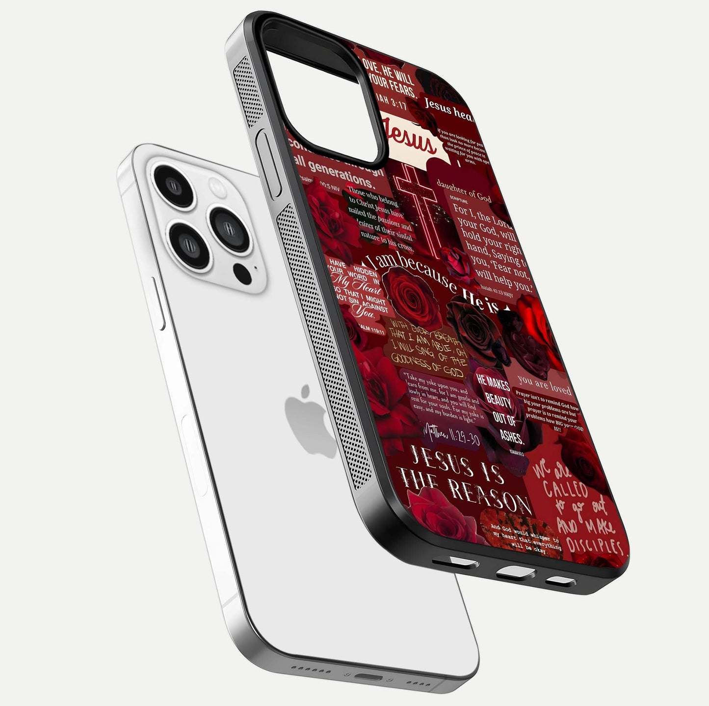 Jesus Love Heals Glass Case for iPhone 13 Pro Max floating dual-view mockup showing glossy shine and faith-inspired art