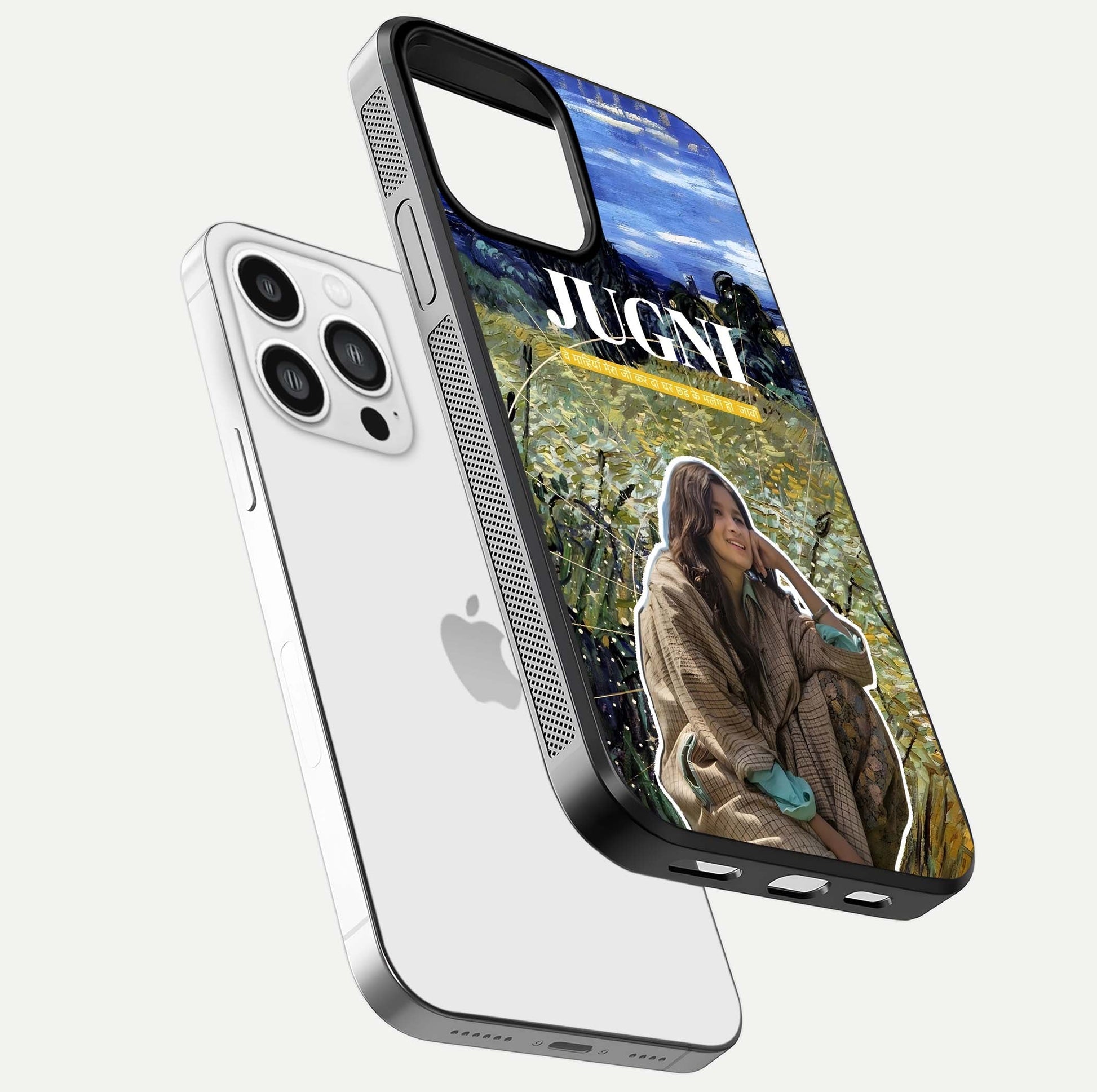 Jugni Soul Vibes Glass Case for iPhone 13 Pro Max floating dual-view mockup showing gloss surface and vivid design style