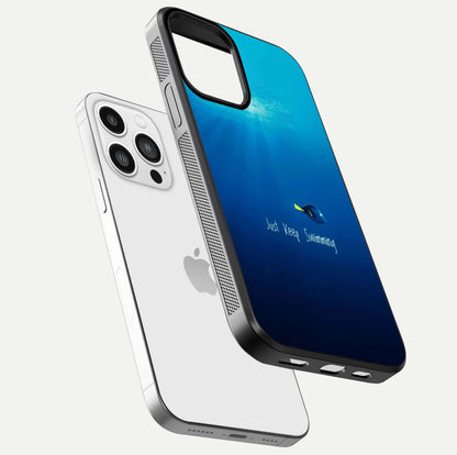 Just Keep Swimming Glass Case for iPhone 13 Pro Max floating dual-view mockup showing gloss brightness and wave motif