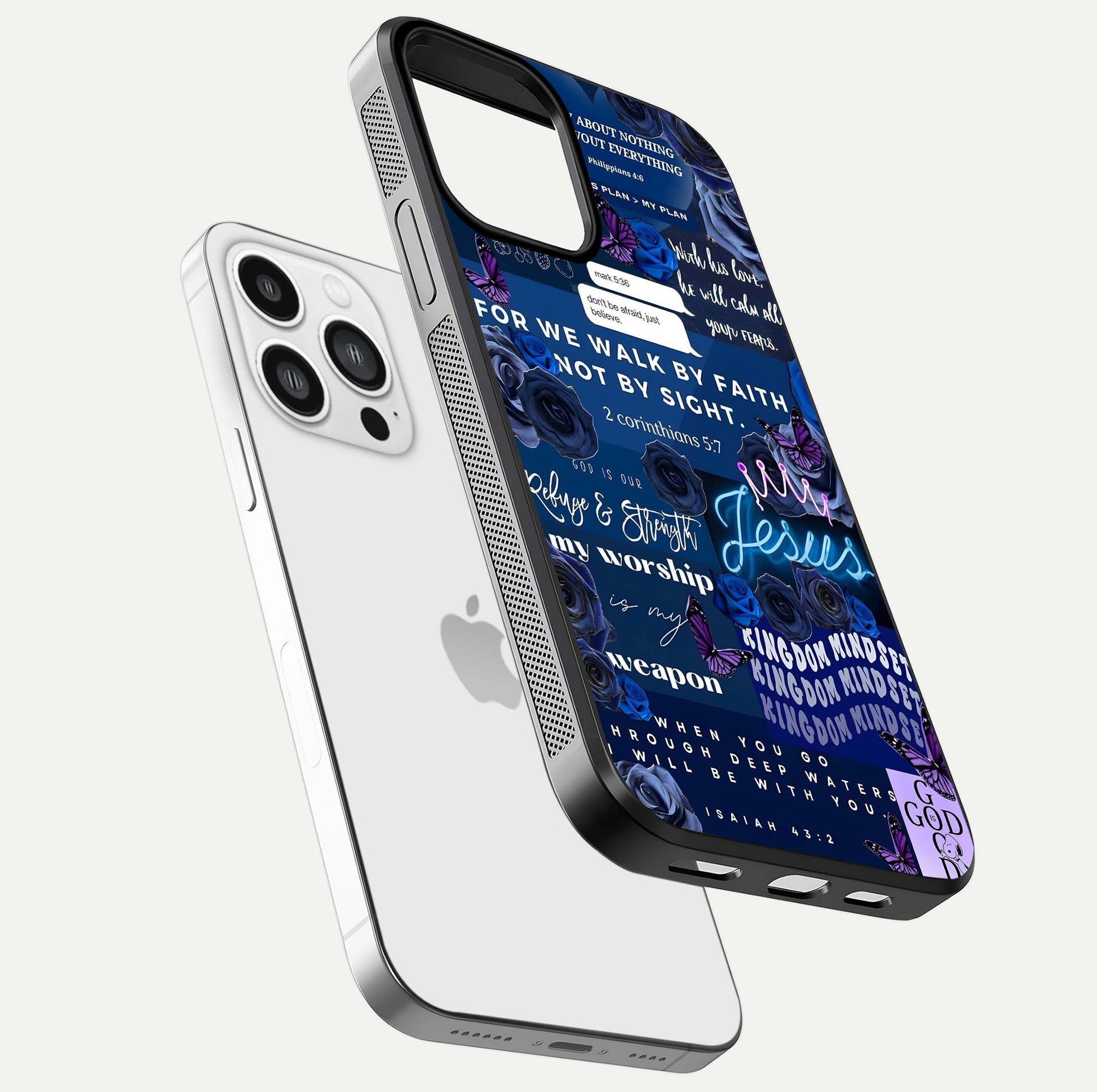 Kingdom Faith Glow Glass Case for iPhone 13 Pro Max floating dual-view mockup showing premium gloss and golden aura