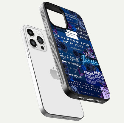 Kingdom Faith Glow Glass Case for iPhone 13 Pro Max floating dual-view mockup showing premium gloss and golden aura