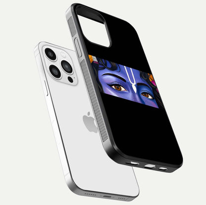 Krishna Eye Glass Case for iPhone 13 Pro Max floating dual-view mockup showing gloss surface and divine art depth